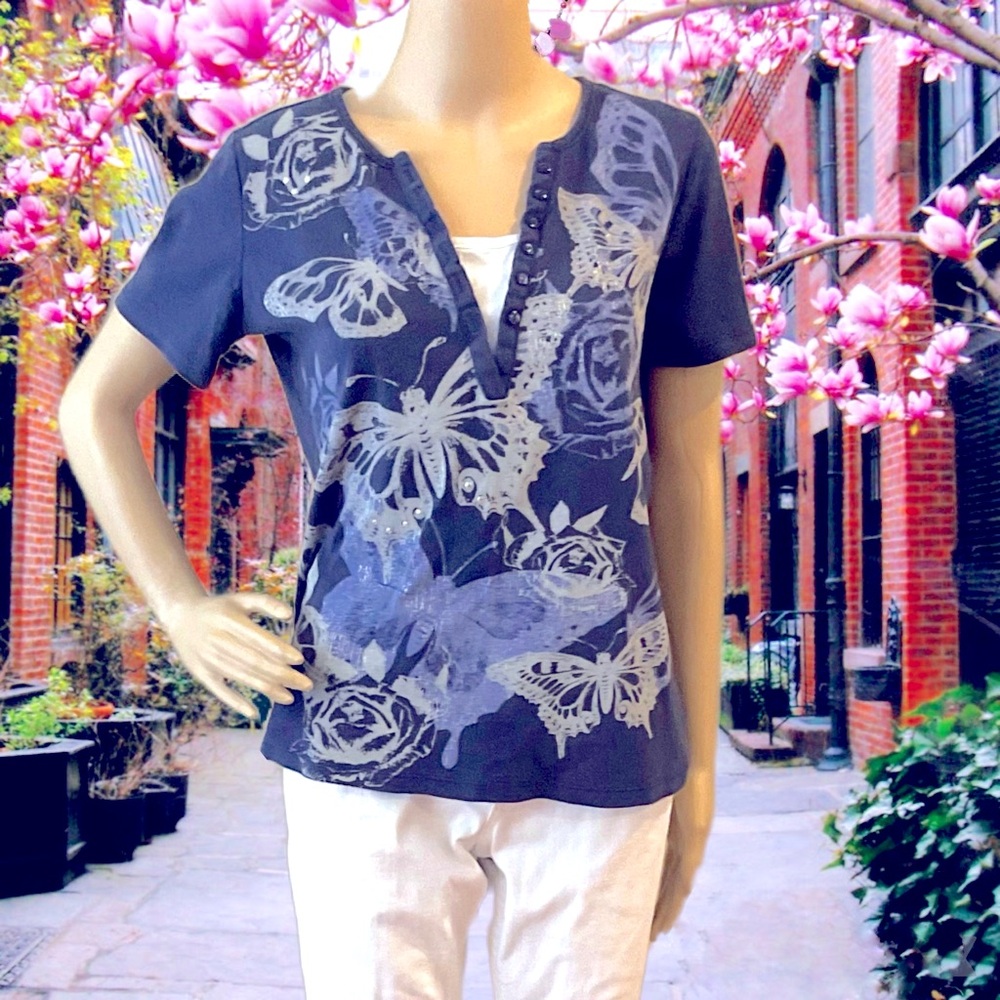 Vintage Glam Butterfly Print Cotton Top
